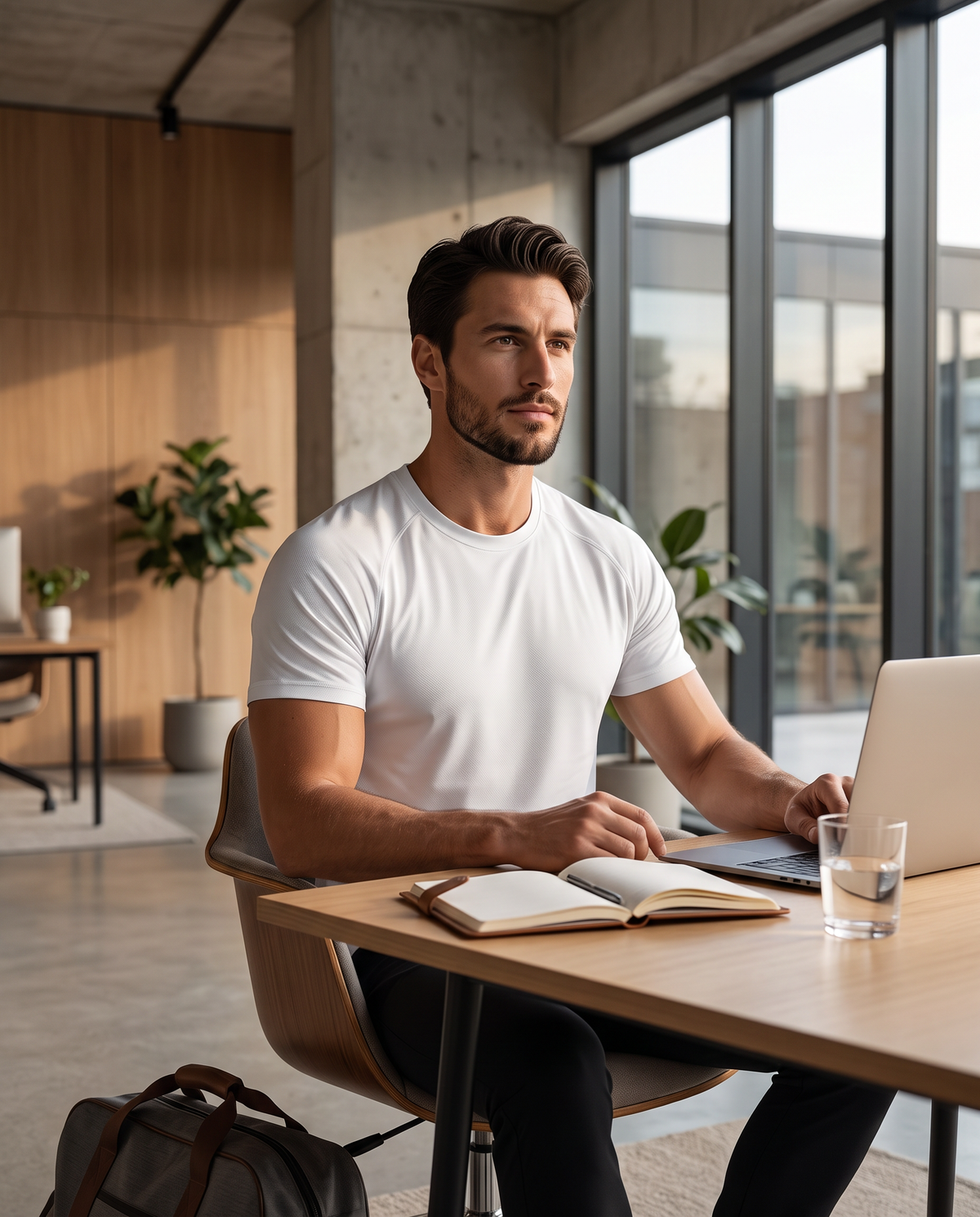 Homme portant le t-shirt Majestiq blanc au bureau, au travail