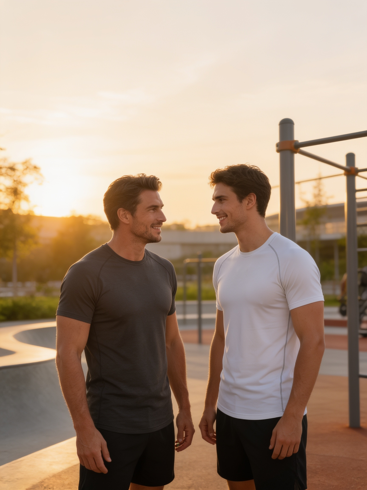 Homme portant le t-shirt Majestiq en exterieur, entre amis au coucher du soleil